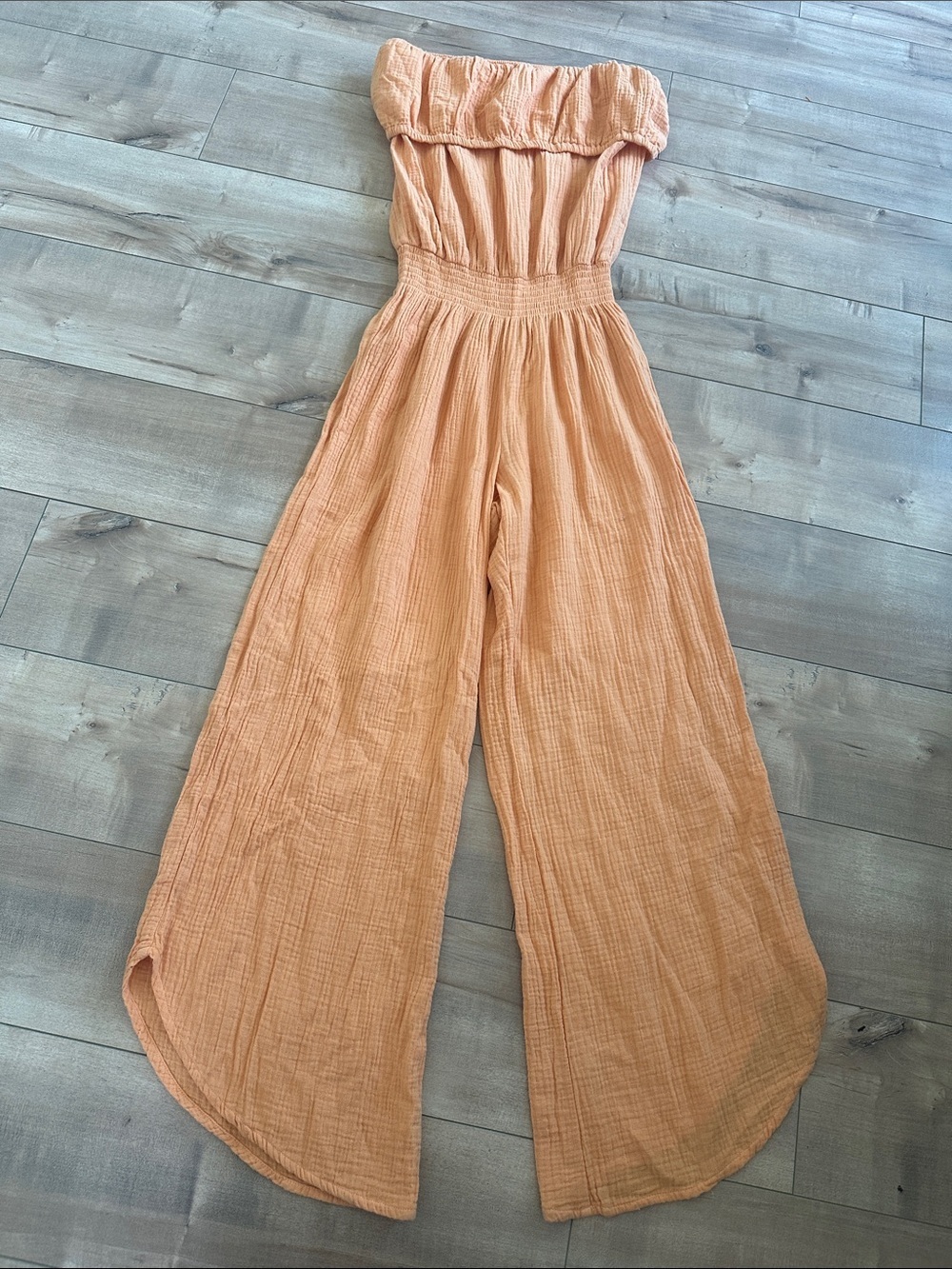 YFB Strapless Tube Top Smocked Bodice Cotton Gauze Cover-Up Jumpsuit Orange Sz S